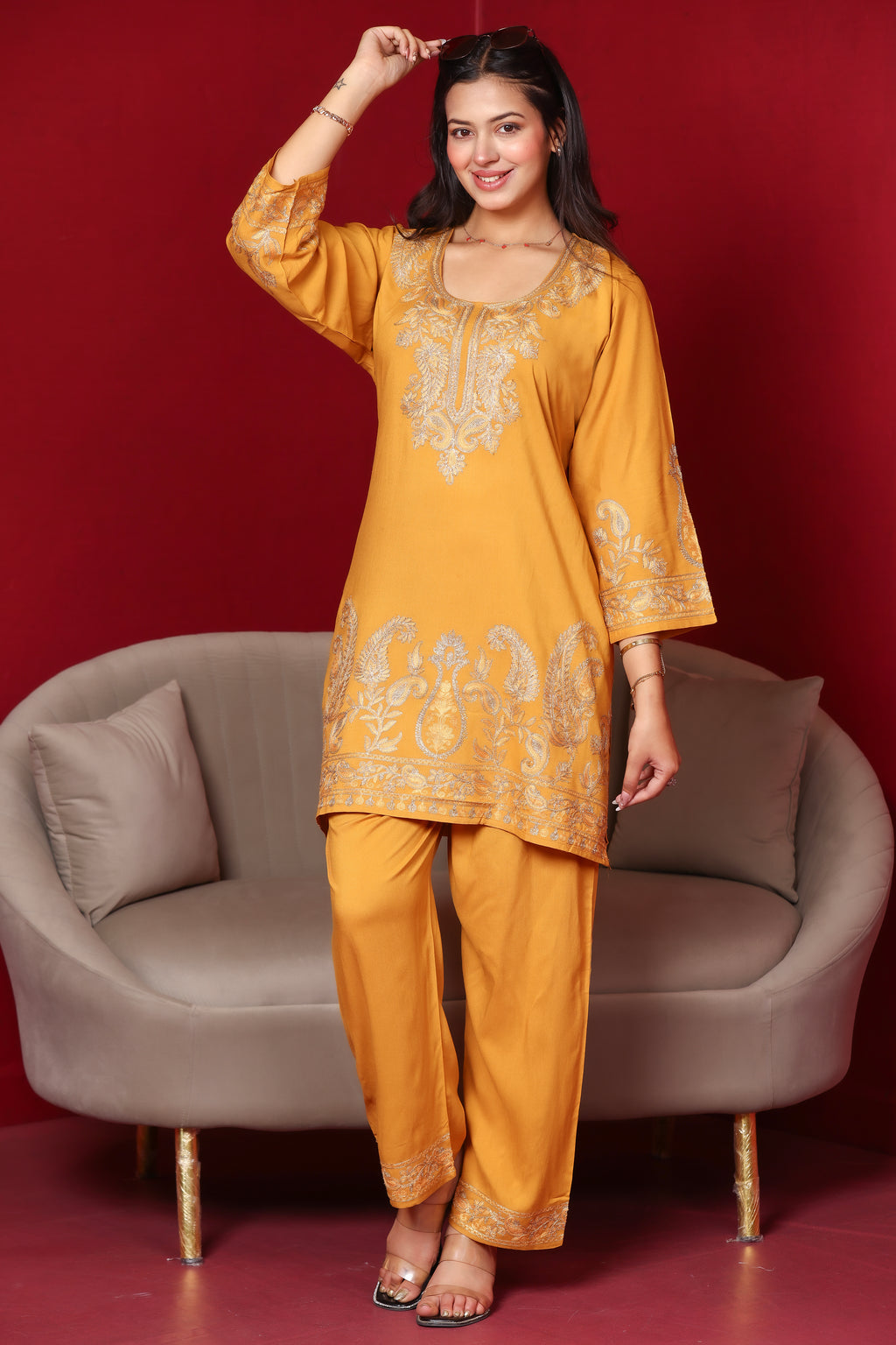 Kashmiri Embroidered Rayon Co-Ord Set - Mustard