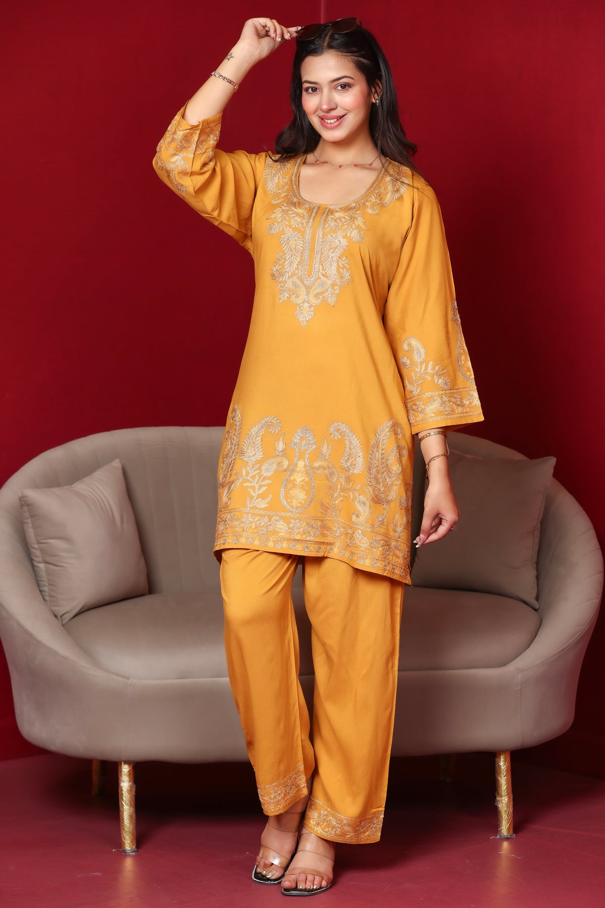 Kashmiri Embroidered Rayon Co-Ord Set - Mustard
