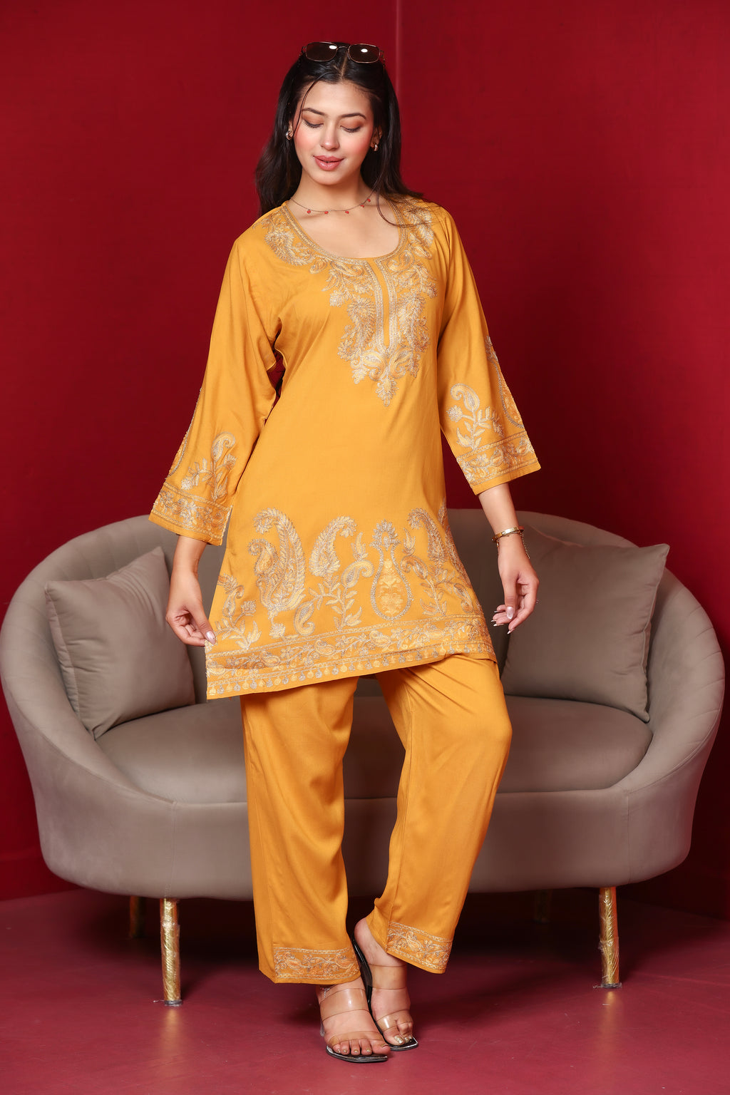 Kashmiri Embroidered Rayon Co-Ord Set - Mustard