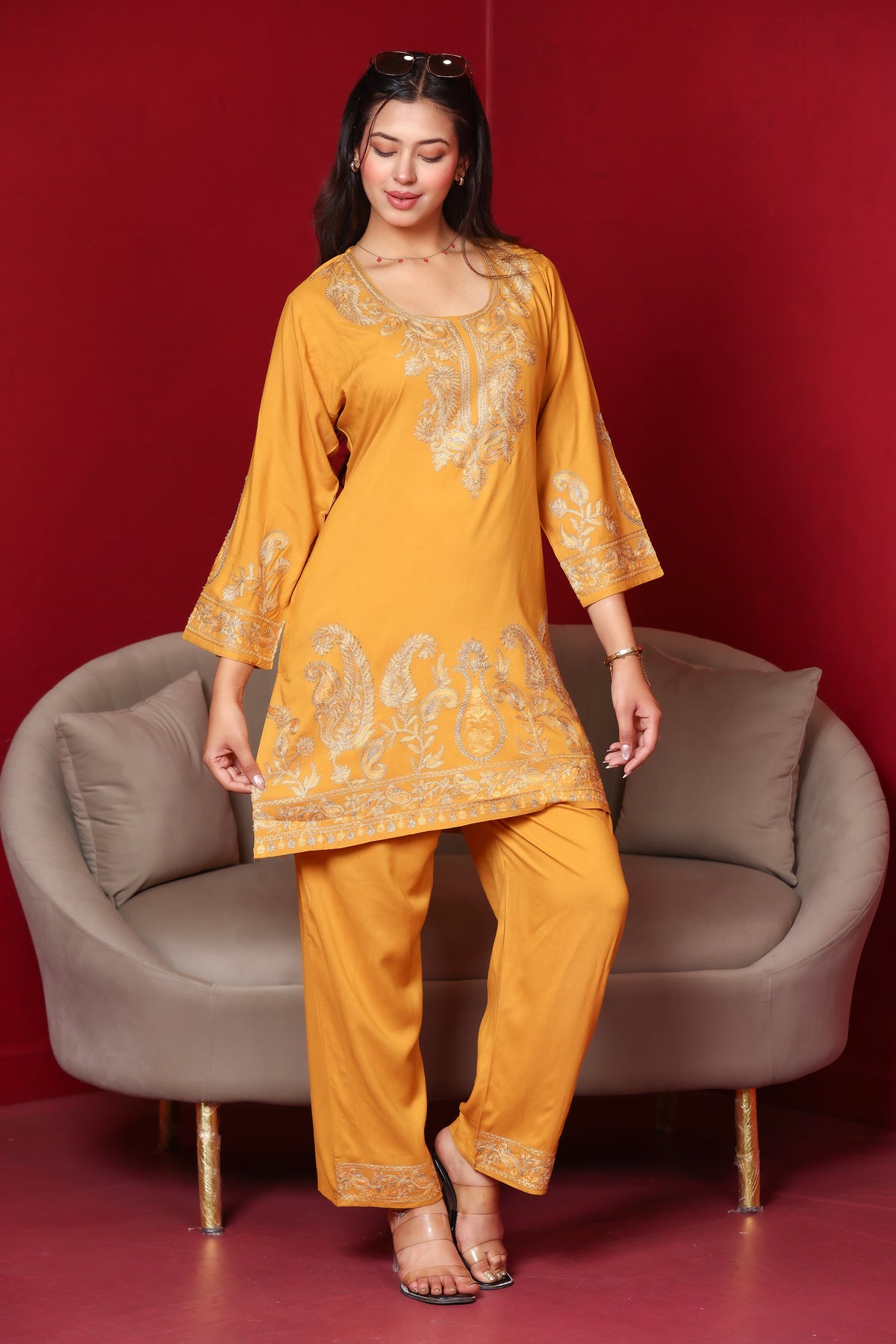 Kashmiri Embroidered Rayon Co-Ord Set - Mustard