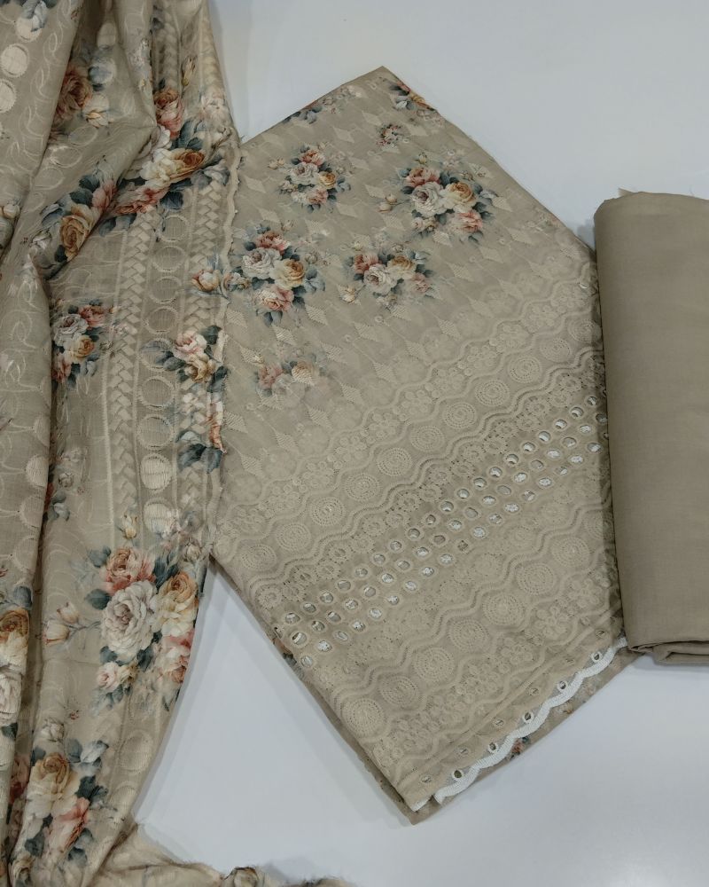 Chikankari Unstitched Suit Set- Beige
