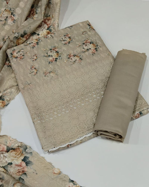 Chikankari Unstitched Suit Set- Beige