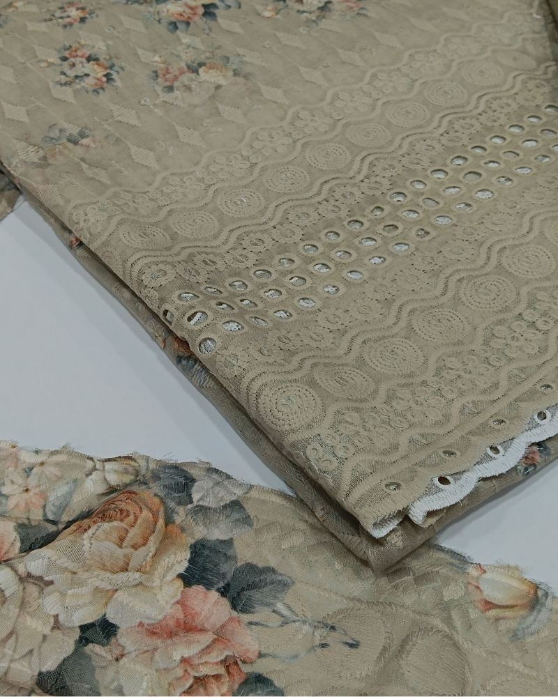 Chikankari Unstitched Suit Set- Beige