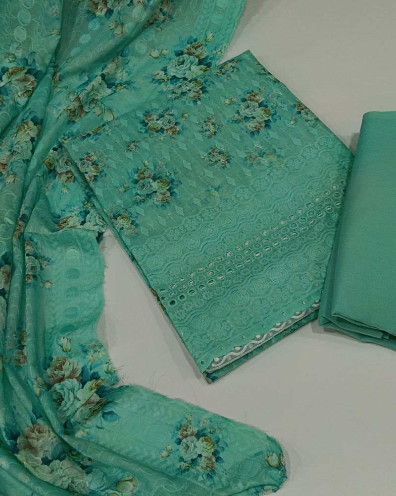 Chikankari Unstitched Suit Set- Green
