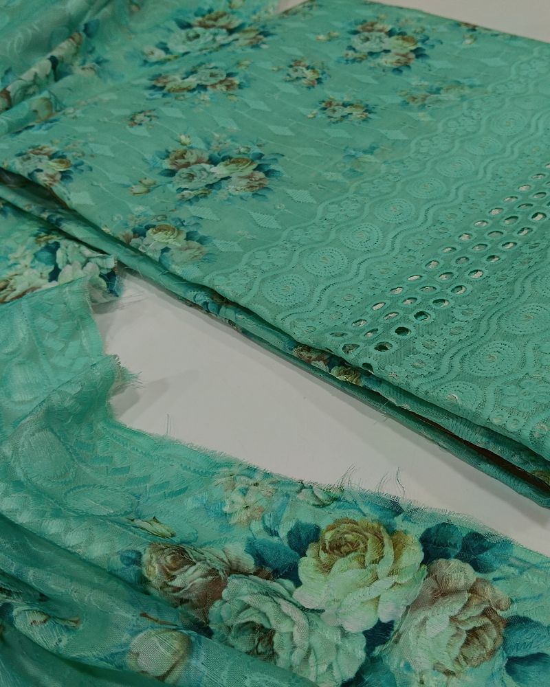 Chikankari Unstitched Suit Set- Green