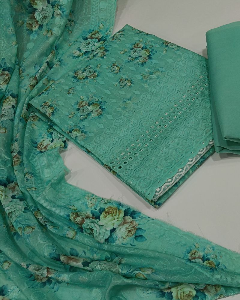 Chikankari Unstitched Suit Set- Green