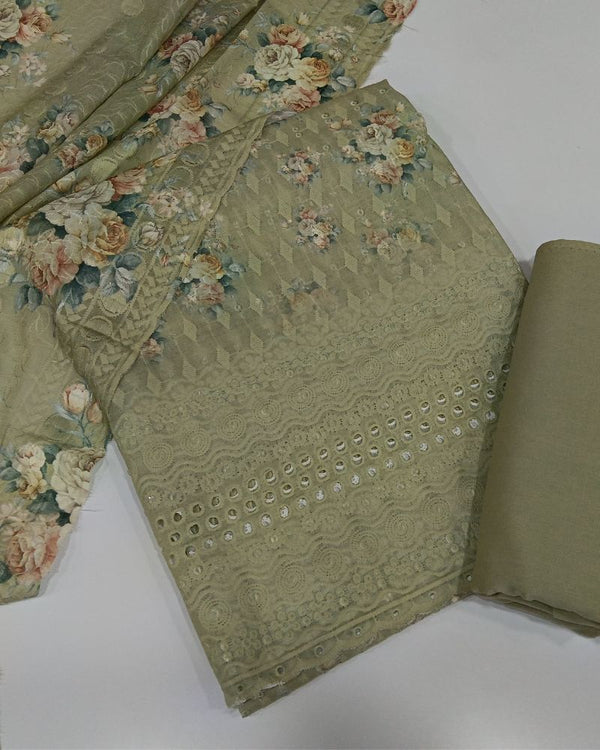 Chikankari Unstitched Suit Set- Mehndi