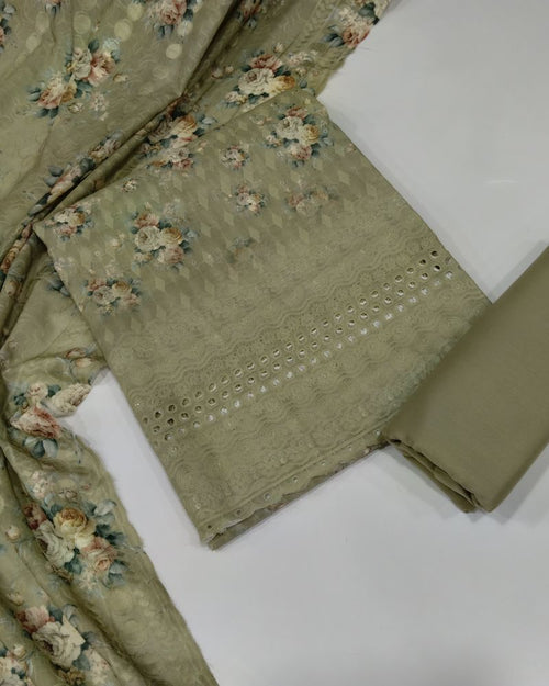 Chikankari Unstitched Suit Set- Mehndi