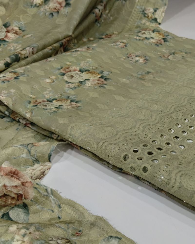 Chikankari Unstitched Suit Set- Mehndi