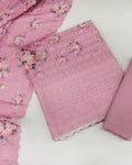Chikankari Unstitched Suit Set- Pink