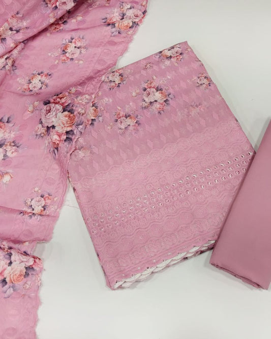 Chikankari Unstitched Suit Set- Pink
