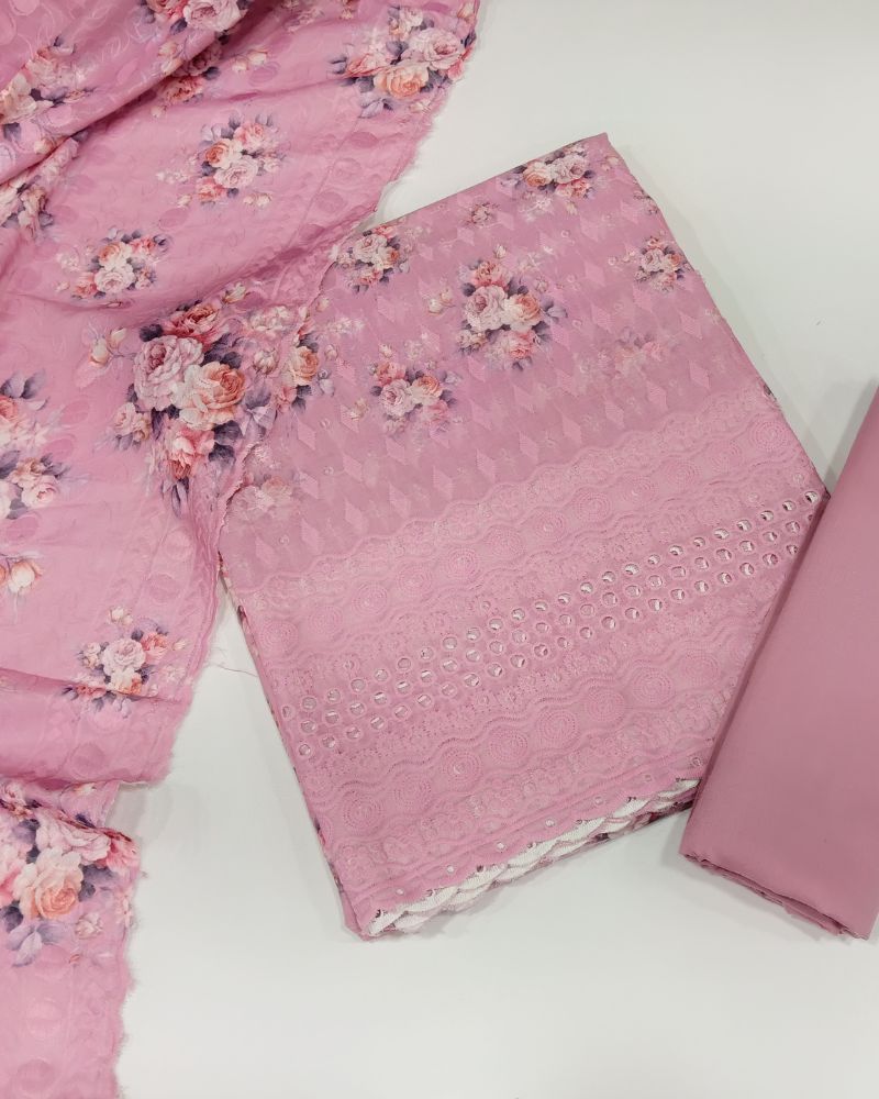 Chikankari Unstitched Suit Set- Pink