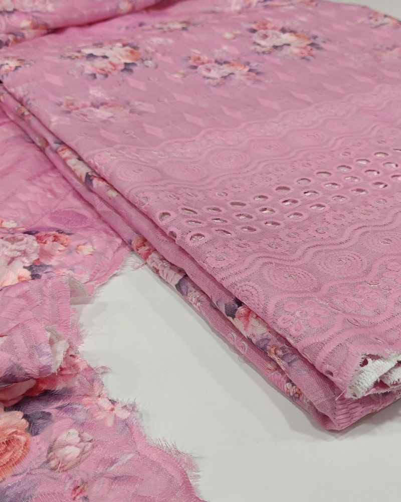 Chikankari Unstitched Suit Set- Pink