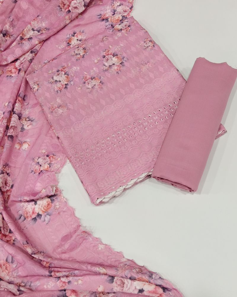 Chikankari Unstitched Suit Set- Pink