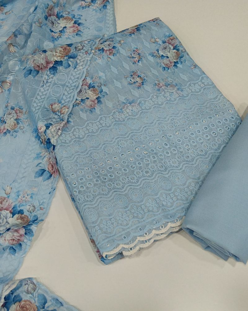 Chikankari Unstitched Suit Set- Sky Blue