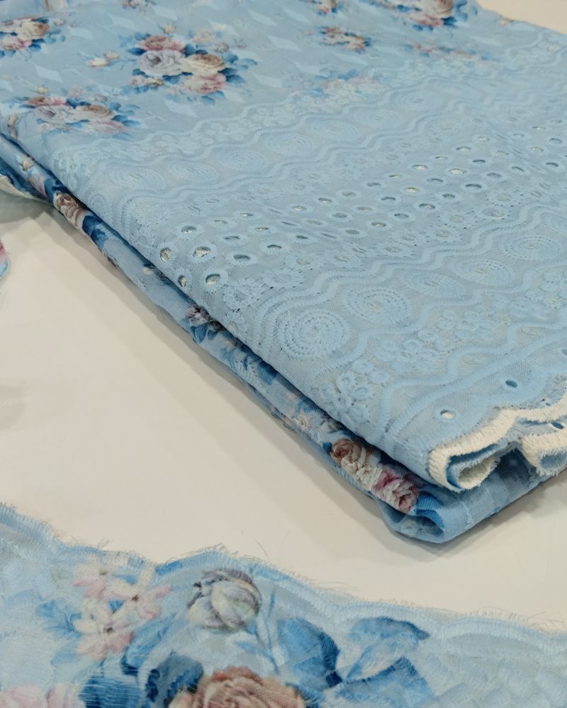 Chikankari Unstitched Suit Set- Sky Blue