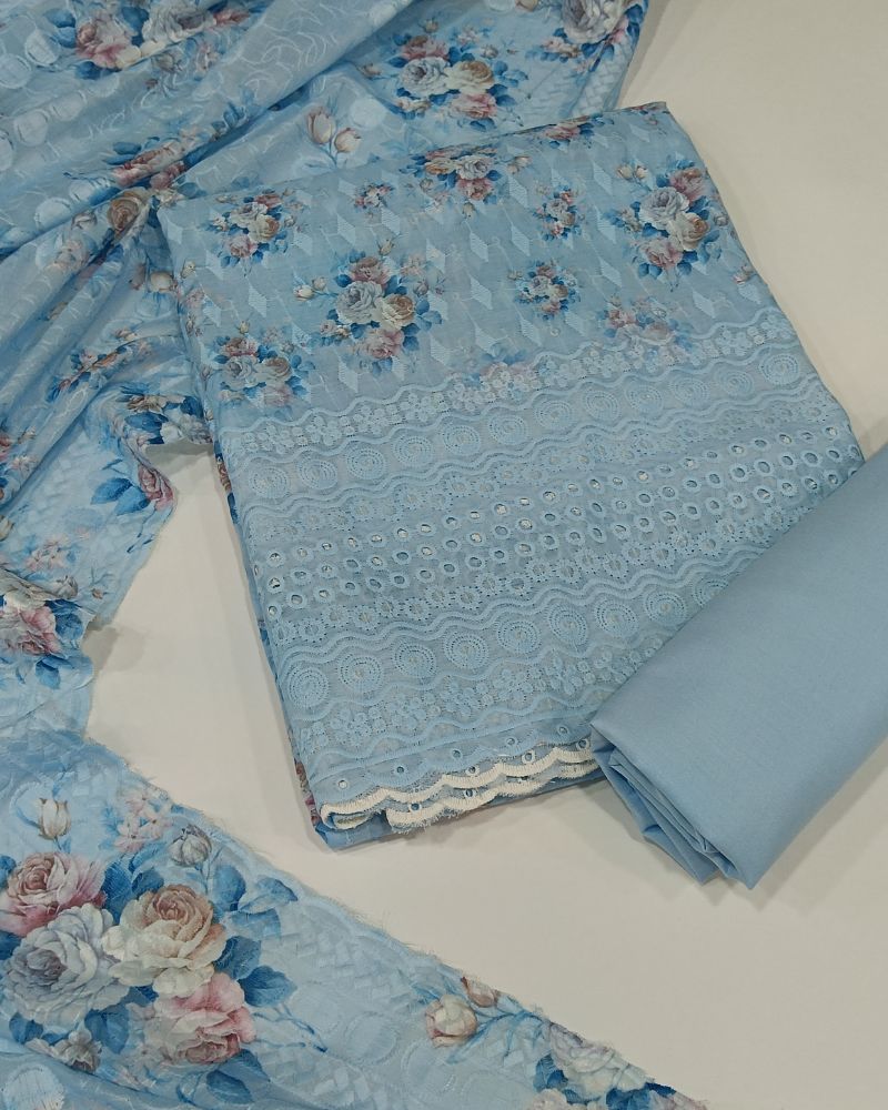 Chikankari Unstitched Suit Set- Sky Blue