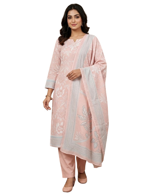 Floral Printed Stitched Cotton Suit - Peach