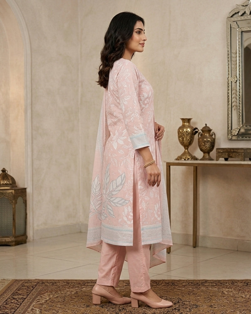 Floral Printed Stitched Cotton Suit - Peach