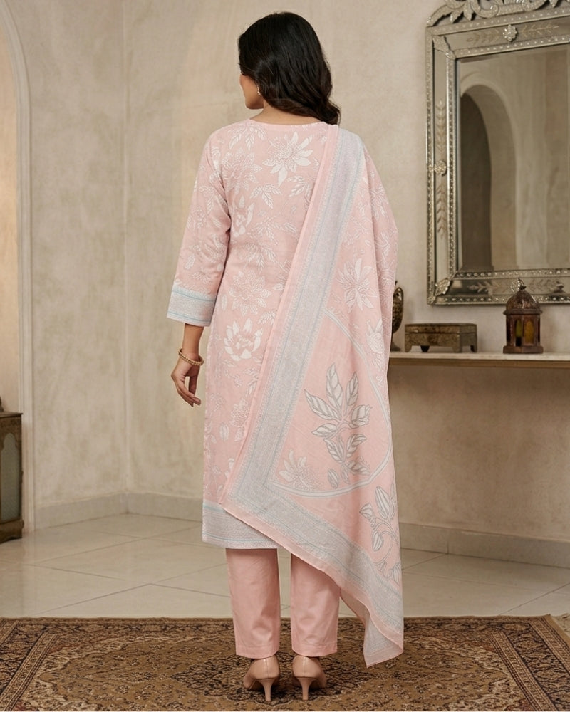 Floral Printed Stitched Cotton Suit - Peach