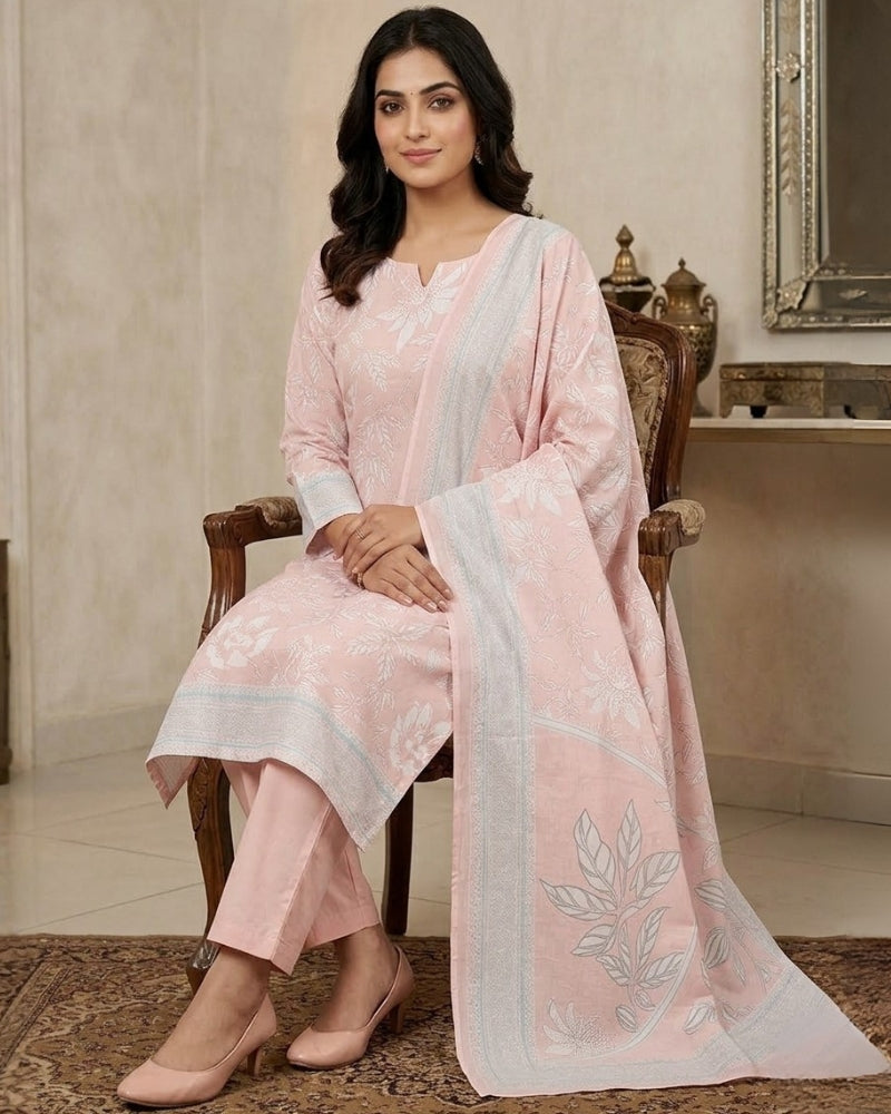 Floral Printed Stitched Cotton Suit - Peach