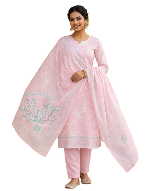 Floral Printed Stitched Cotton Suit - Pink