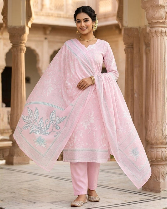 Floral Printed Stitched Cotton Suit - Pink