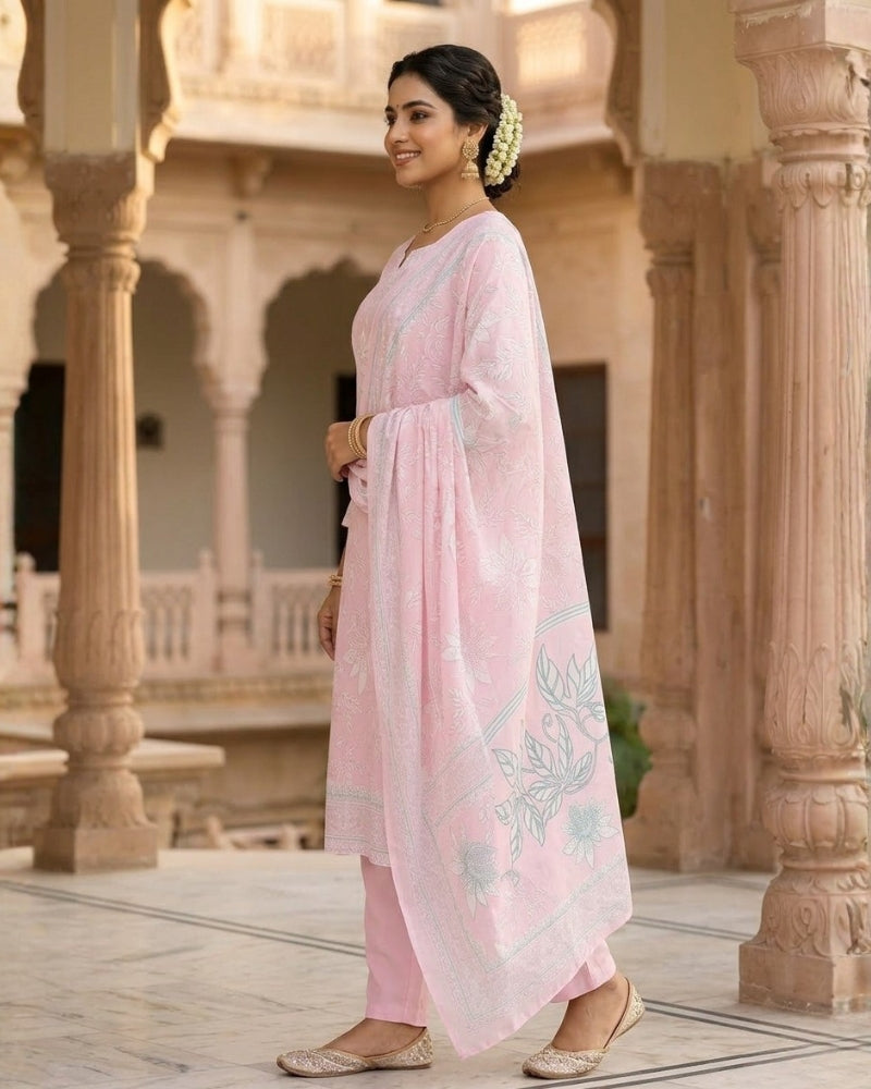 Floral Printed Stitched Cotton Suit - Pink