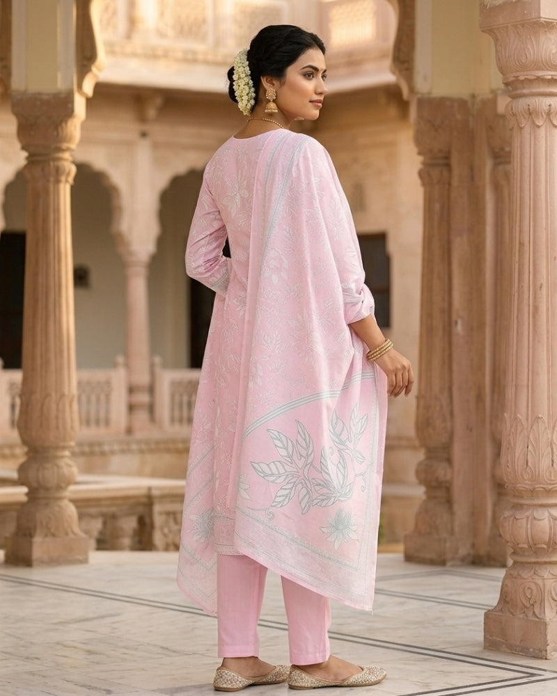 Floral Printed Stitched Cotton Suit - Pink