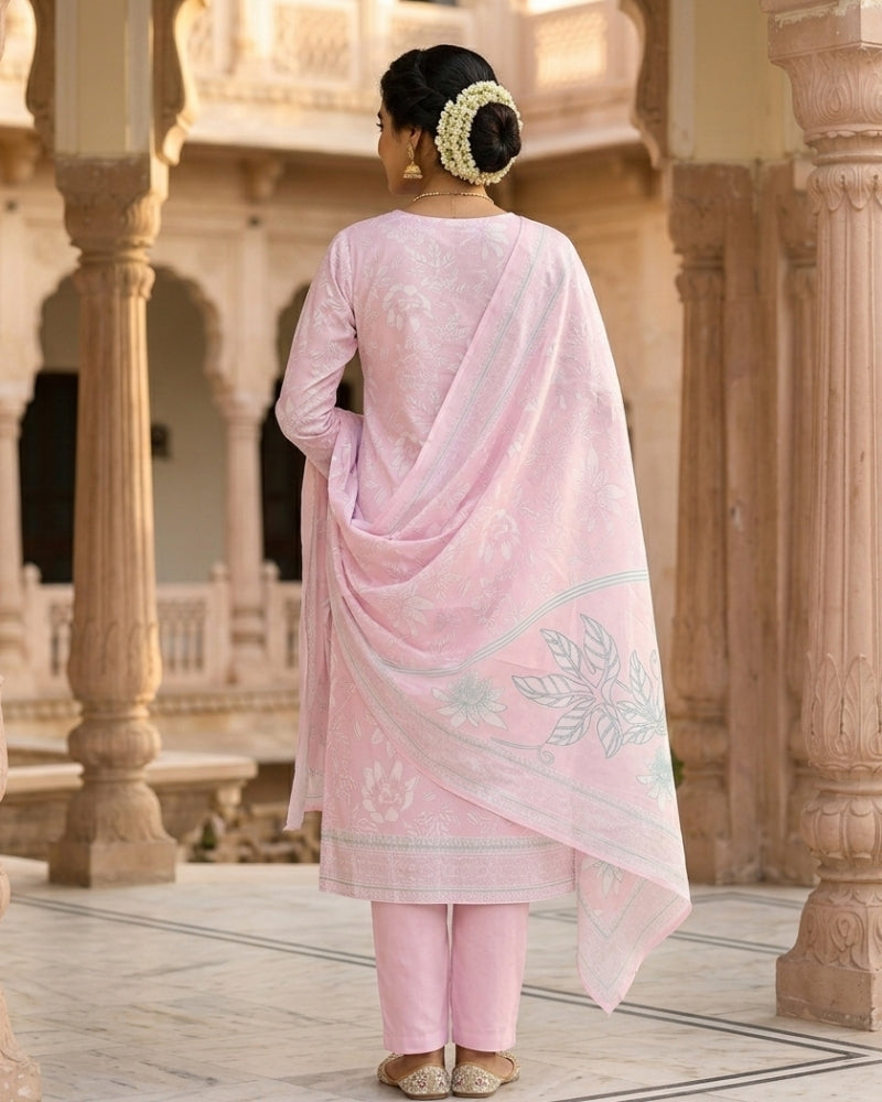 Floral Printed Stitched Cotton Suit - Pink
