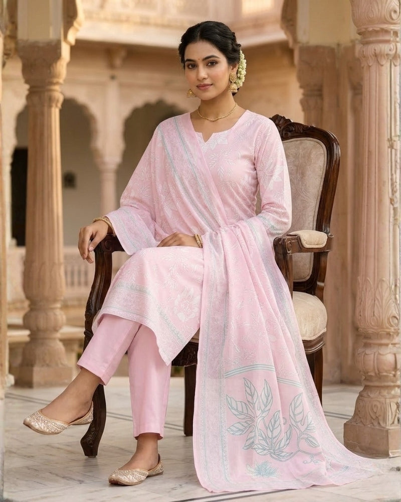 Floral Printed Stitched Cotton Suit - Pink