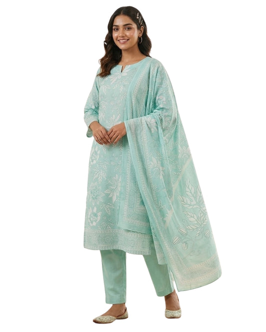 Floral Printed Stitched Cotton Suit - Sea Green