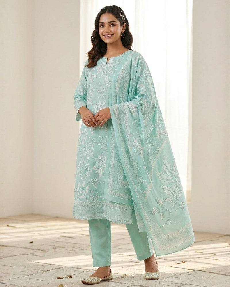 Floral Printed Stitched Cotton Suit - Sea Green