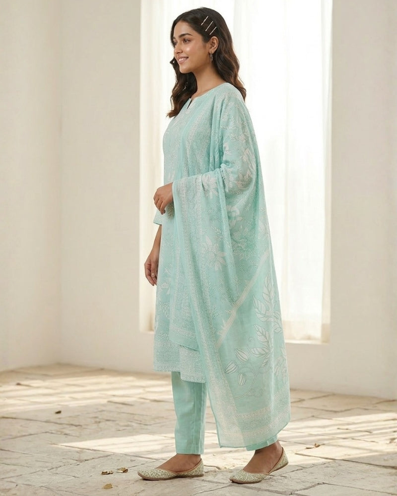Floral Printed Stitched Cotton Suit - Sea Green