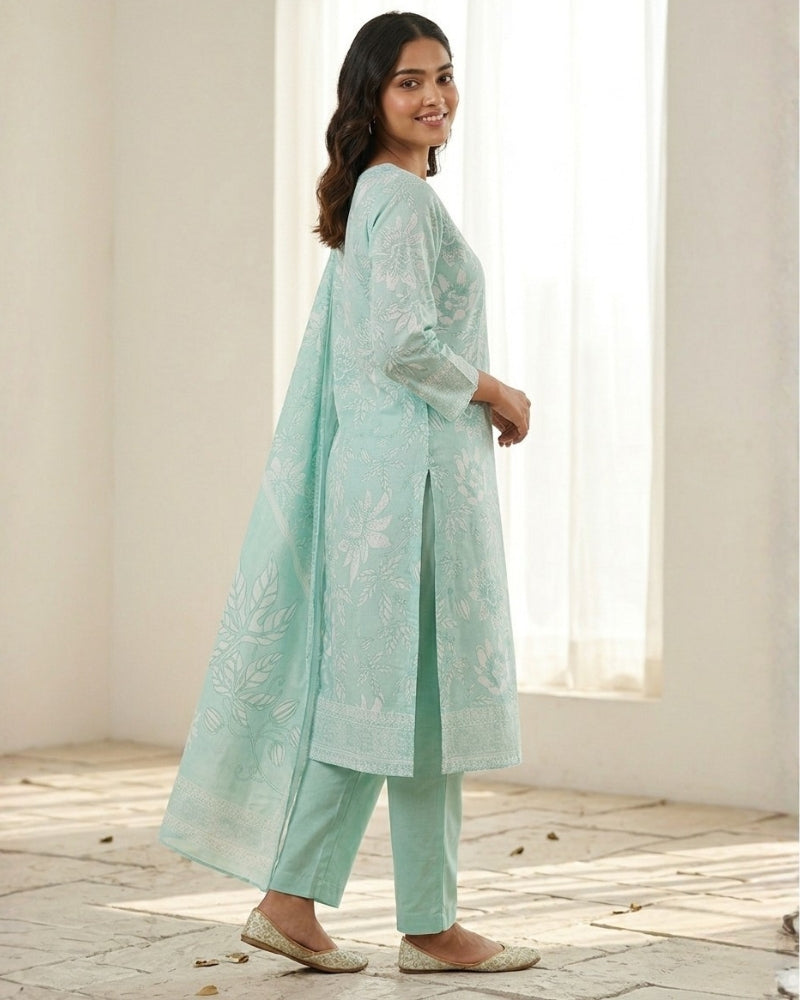 Floral Printed Stitched Cotton Suit - Sea Green