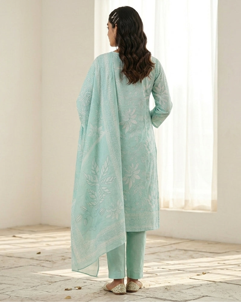 Floral Printed Stitched Cotton Suit - Sea Green