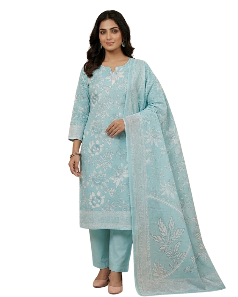 Floral Printed Stitched Cotton Suit - Sky Blue
