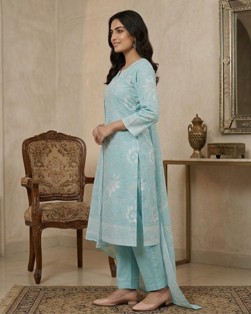Floral Printed Stitched Cotton Suit - Sky Blue