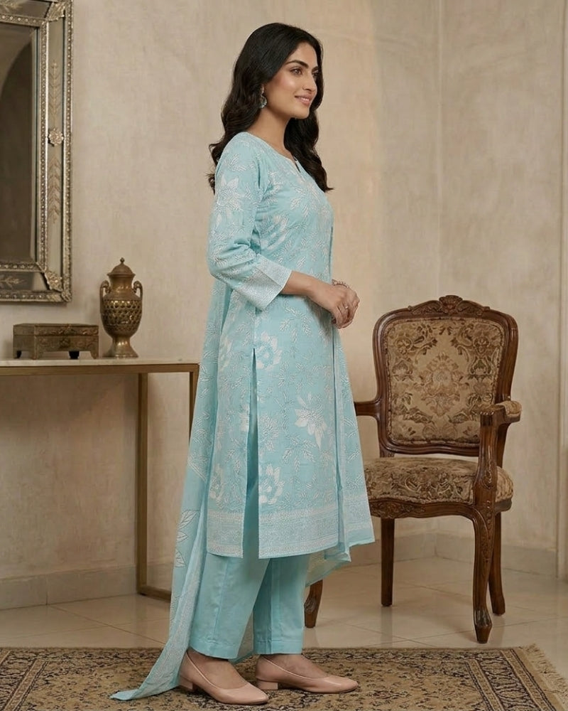 Floral Printed Stitched Cotton Suit - Sky Blue