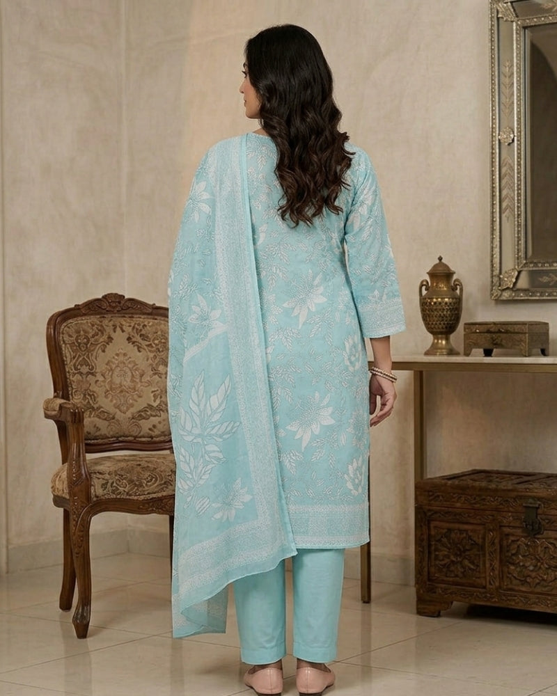 Floral Printed Stitched Cotton Suit - Sky Blue