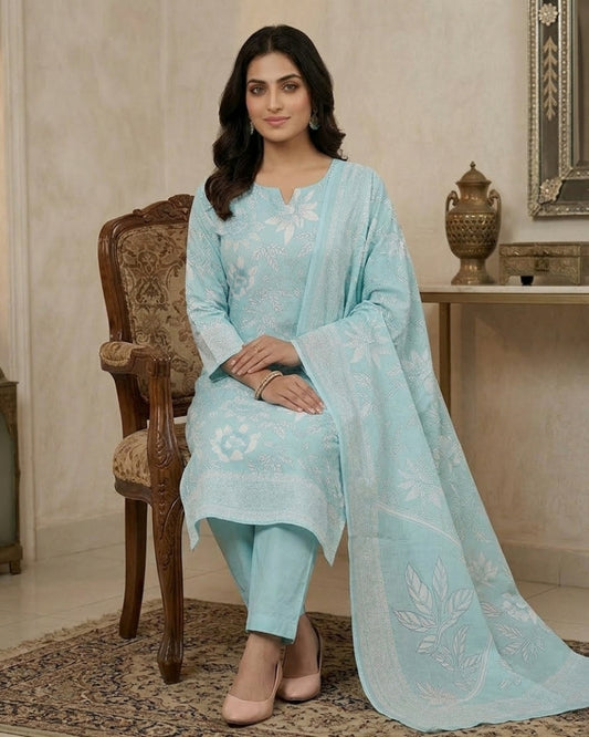 Floral Printed Stitched Cotton Suit - Sky Blue