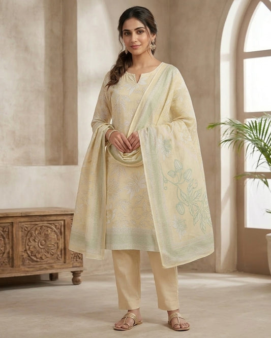 Floral Printed Stitched Cotton Suit - Yellow