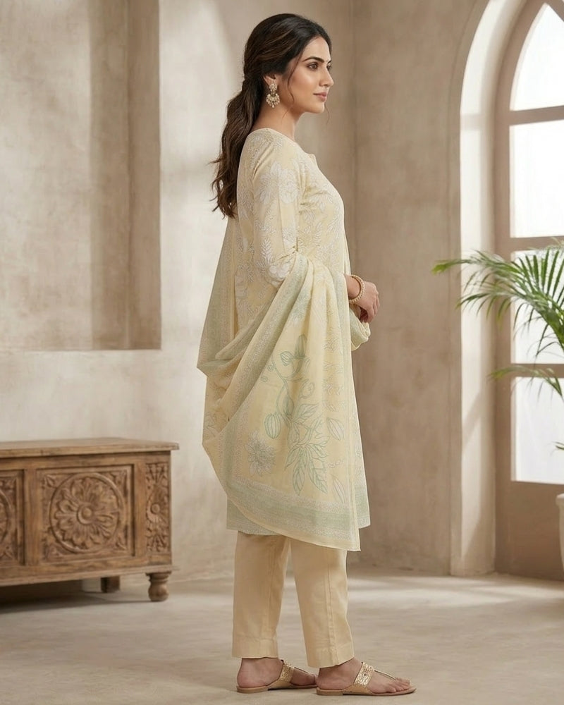 Floral Printed Stitched Cotton Suit - Yellow