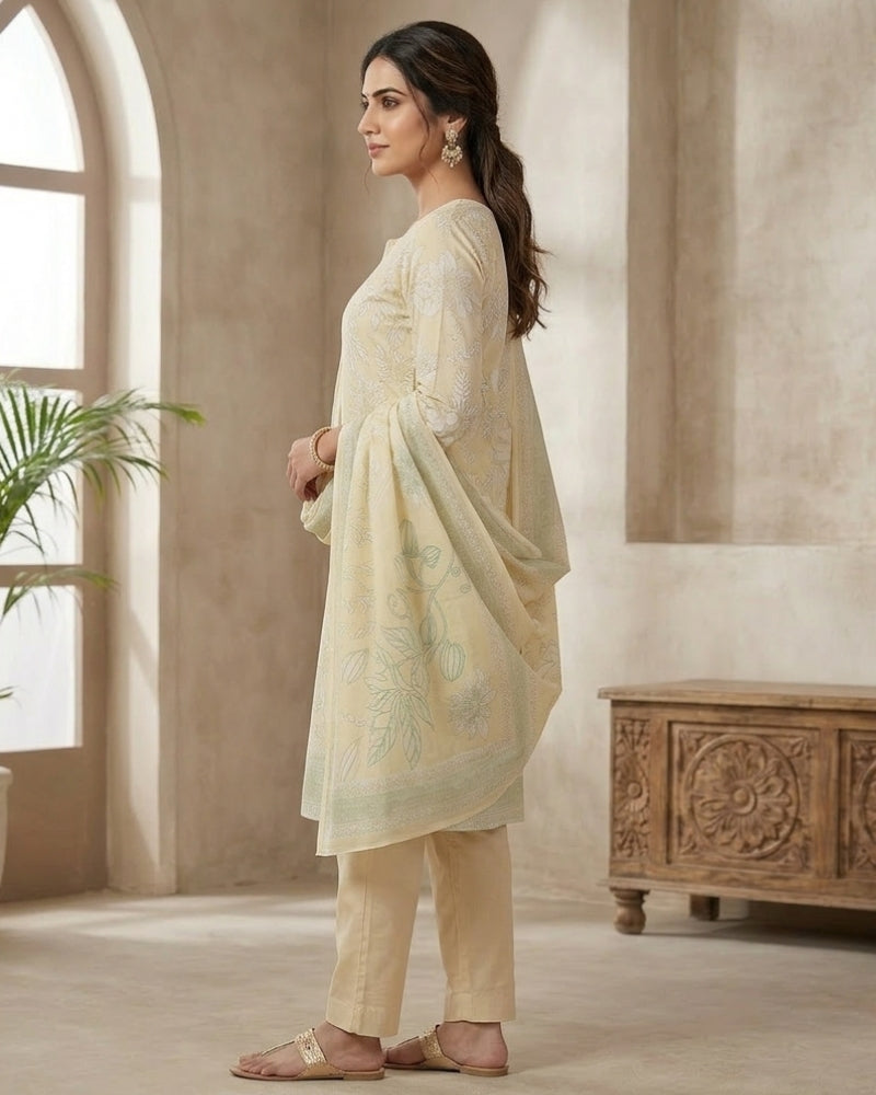 Floral Printed Stitched Cotton Suit - Yellow
