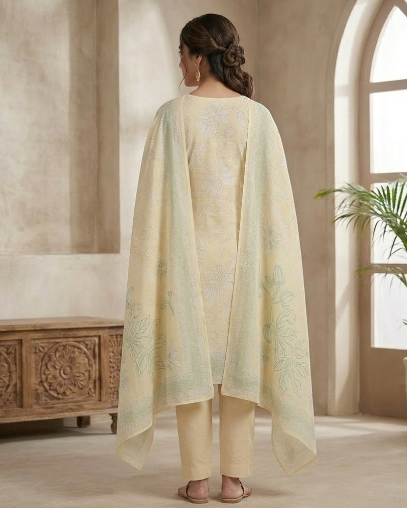 Floral Printed Stitched Cotton Suit - Yellow