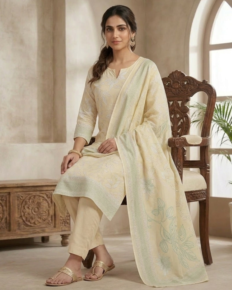 Floral Printed Stitched Cotton Suit - Yellow