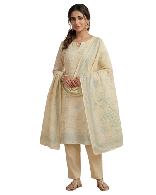 Floral Printed Stitched Cotton Suit - Yellow