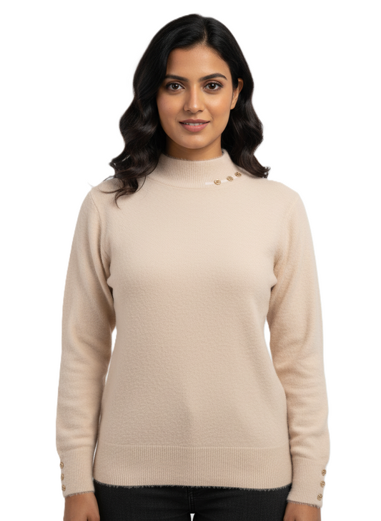 KRITI Winter Hair Wool Mock Neck Top Cream Colour For Women