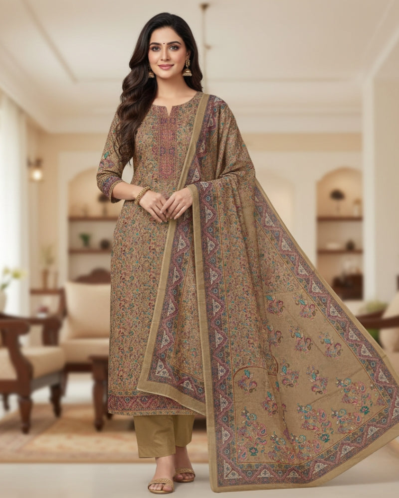 Paisley Printed Unstitched Suit Set with Thread Embroidery- Beige