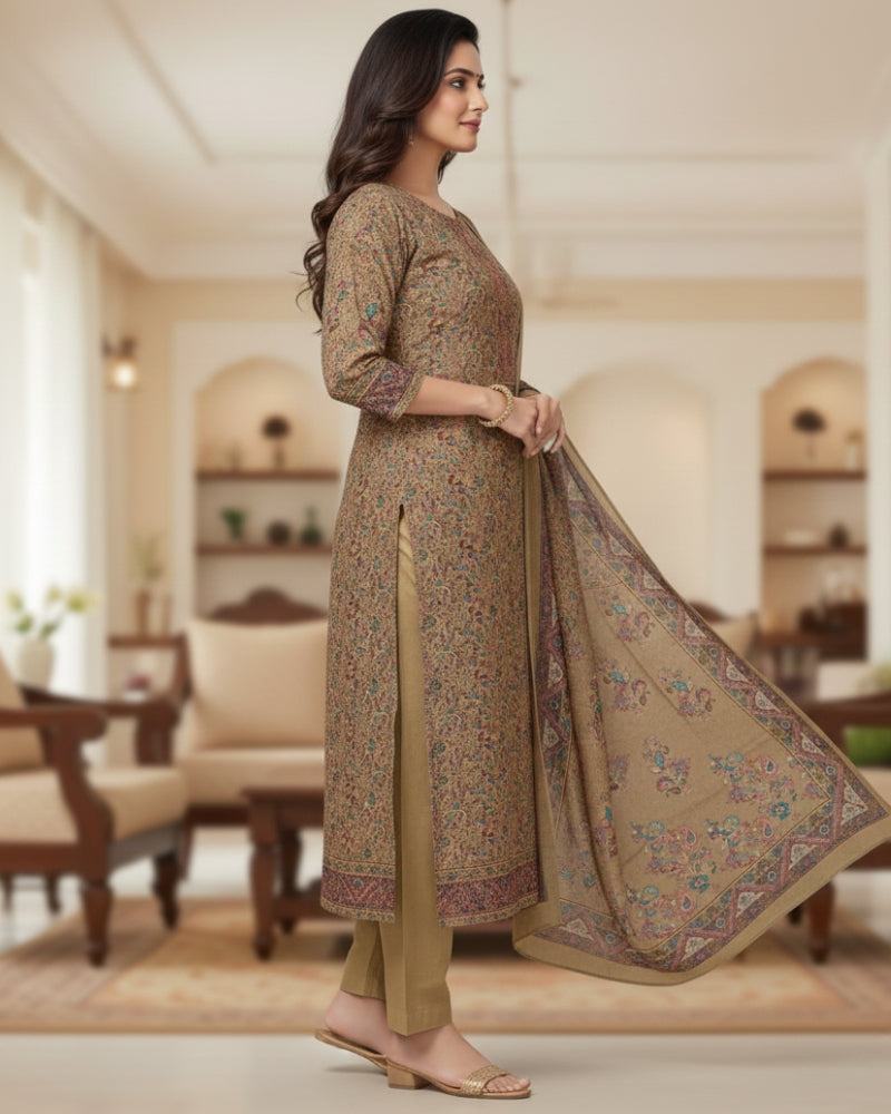 Paisley Printed Unstitched Suit Set with Thread Embroidery- Beige